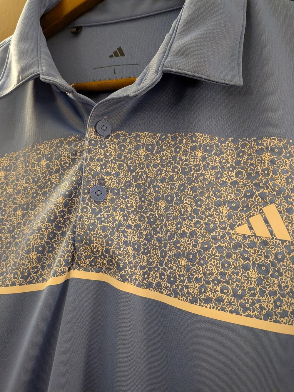 adidas Golf Polo Shirt Mens Large Sky Blue Floral Chest Stripe Performance Short